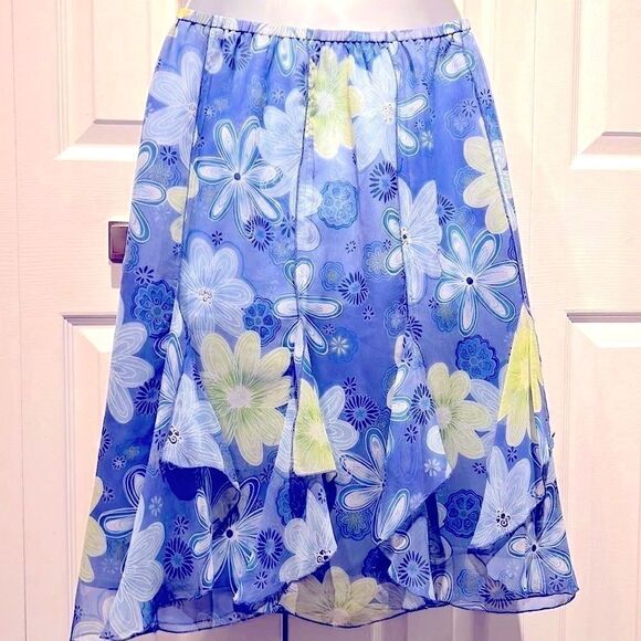 S.L.B. 100% Silk Blue & Green Pull On Skirt Size Small‎ - Picture 1 of 10